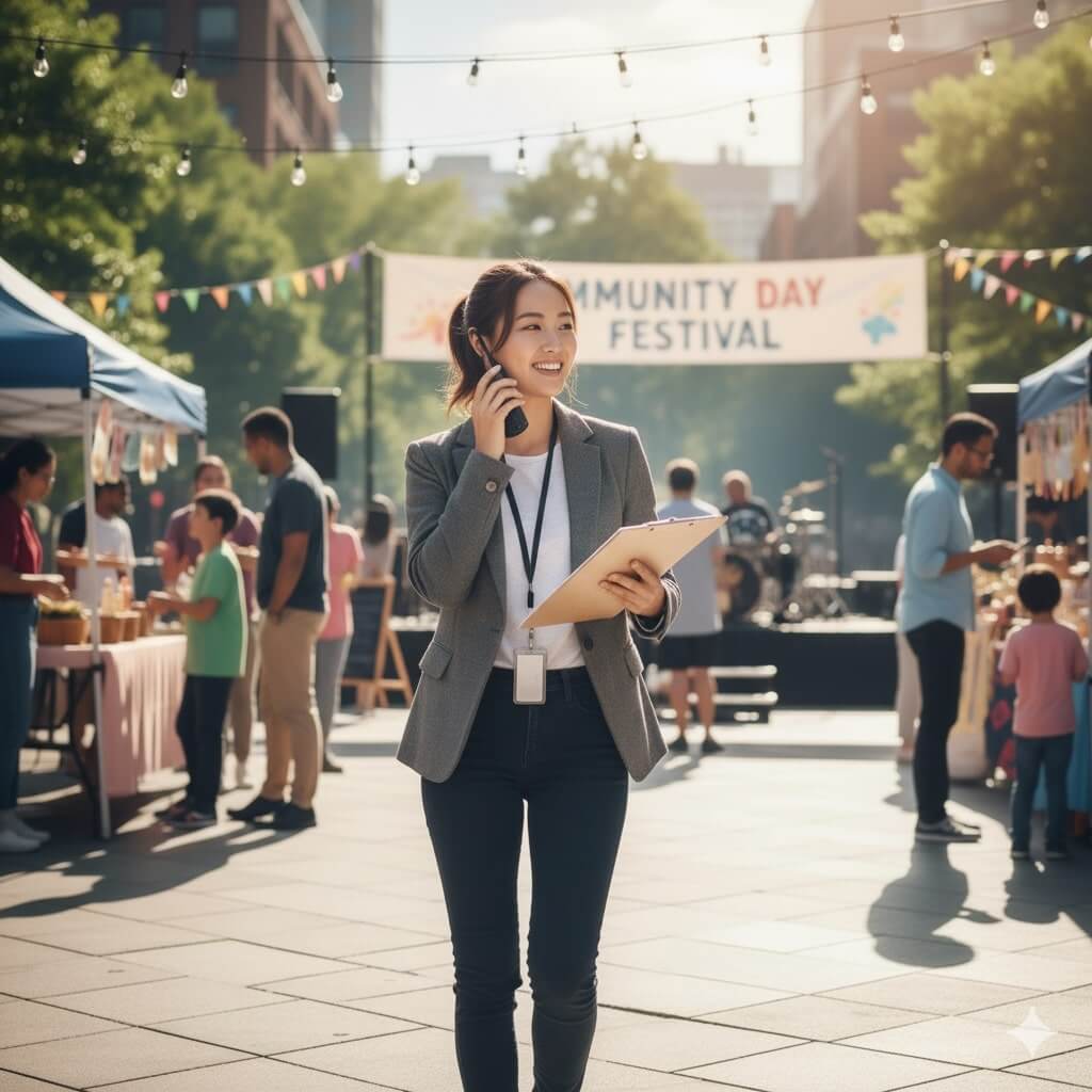 Event organizer with a clipboard and radio at a community day festival