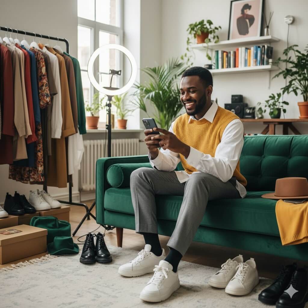 Creator checking his phone beside a ring light in a living room studio
