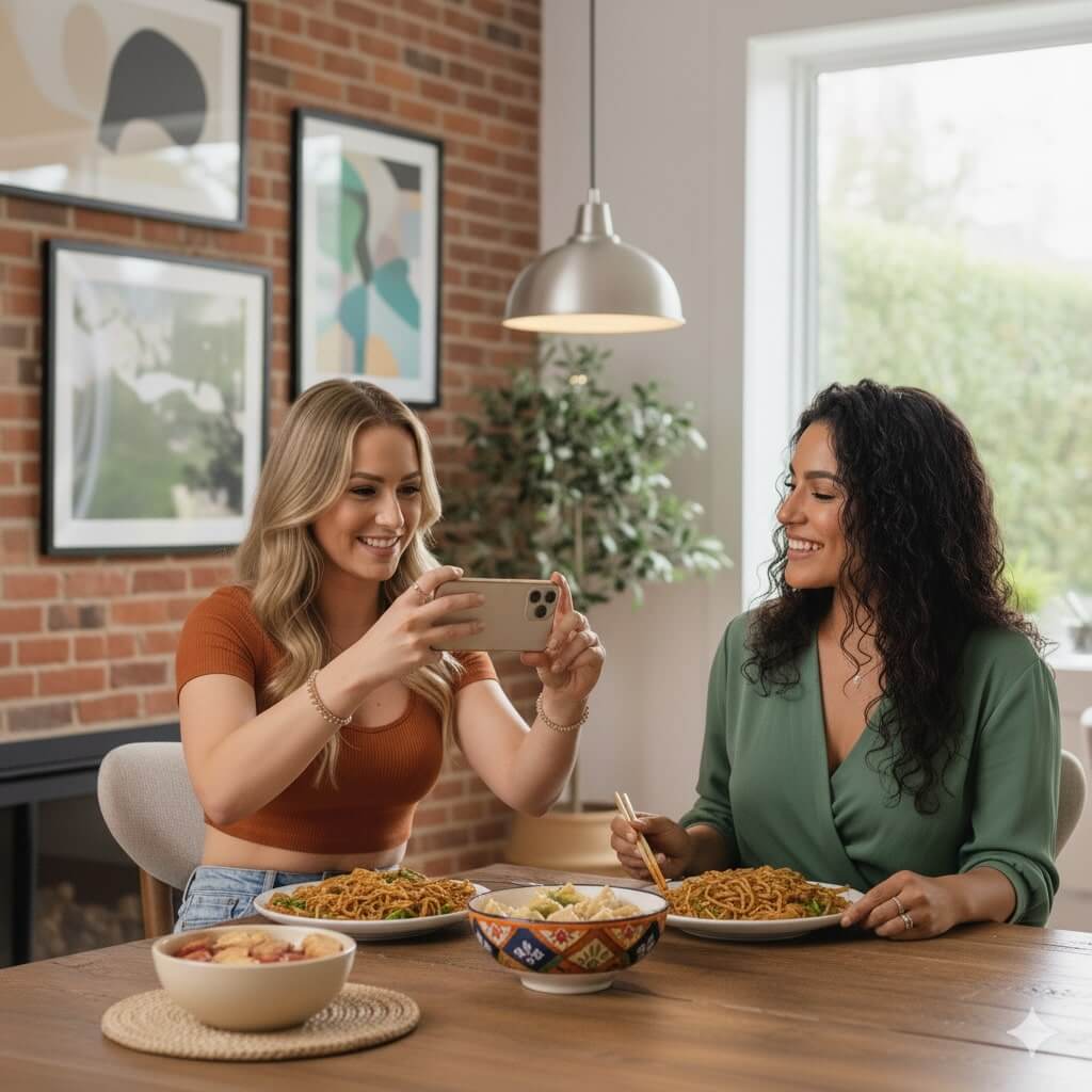 Two friends snapping a photo of their Snap-a-Box meal