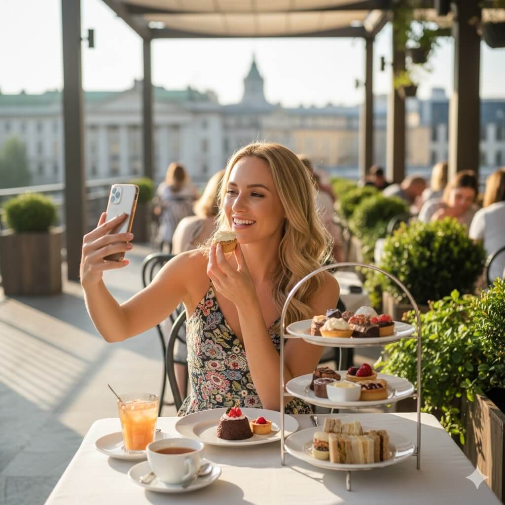 Woman taking a selfie with an afternoon tea tower on a rooftop terrace
