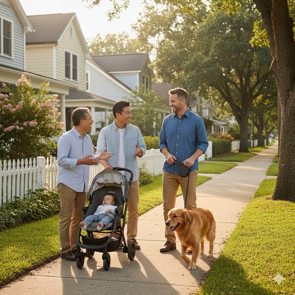 Three neighbors chatting on a suburban sidewalk with a stroller and a golden retriever