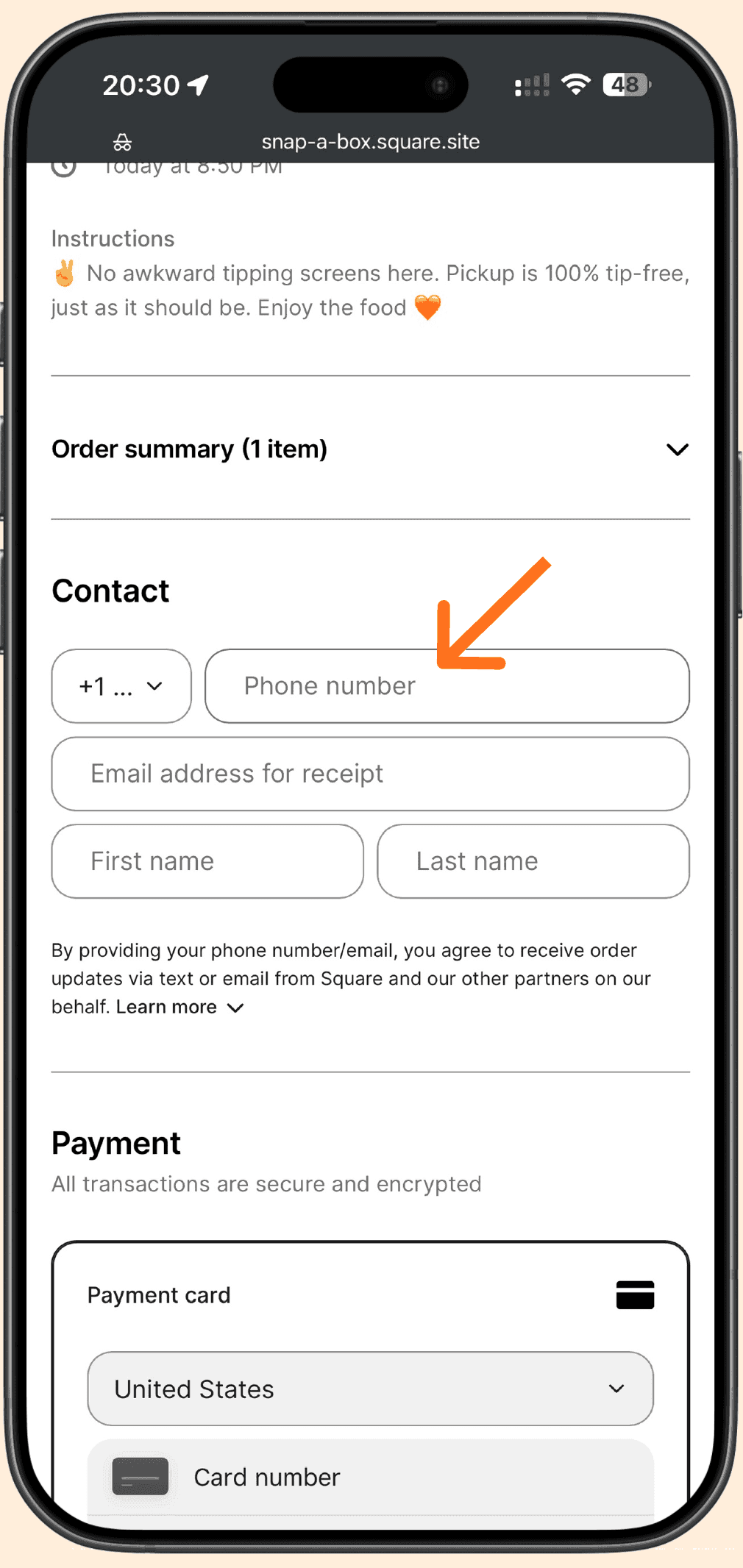 The Square checkout contact section, with the phone number field highlighted.