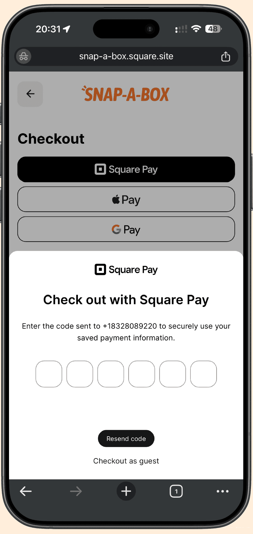 The Square Pay screen asking for the six digit code sent by text.