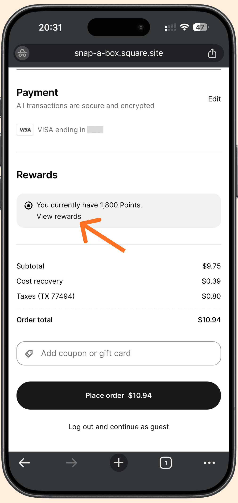 The checkout Rewards panel showing a points balance and a View rewards link.