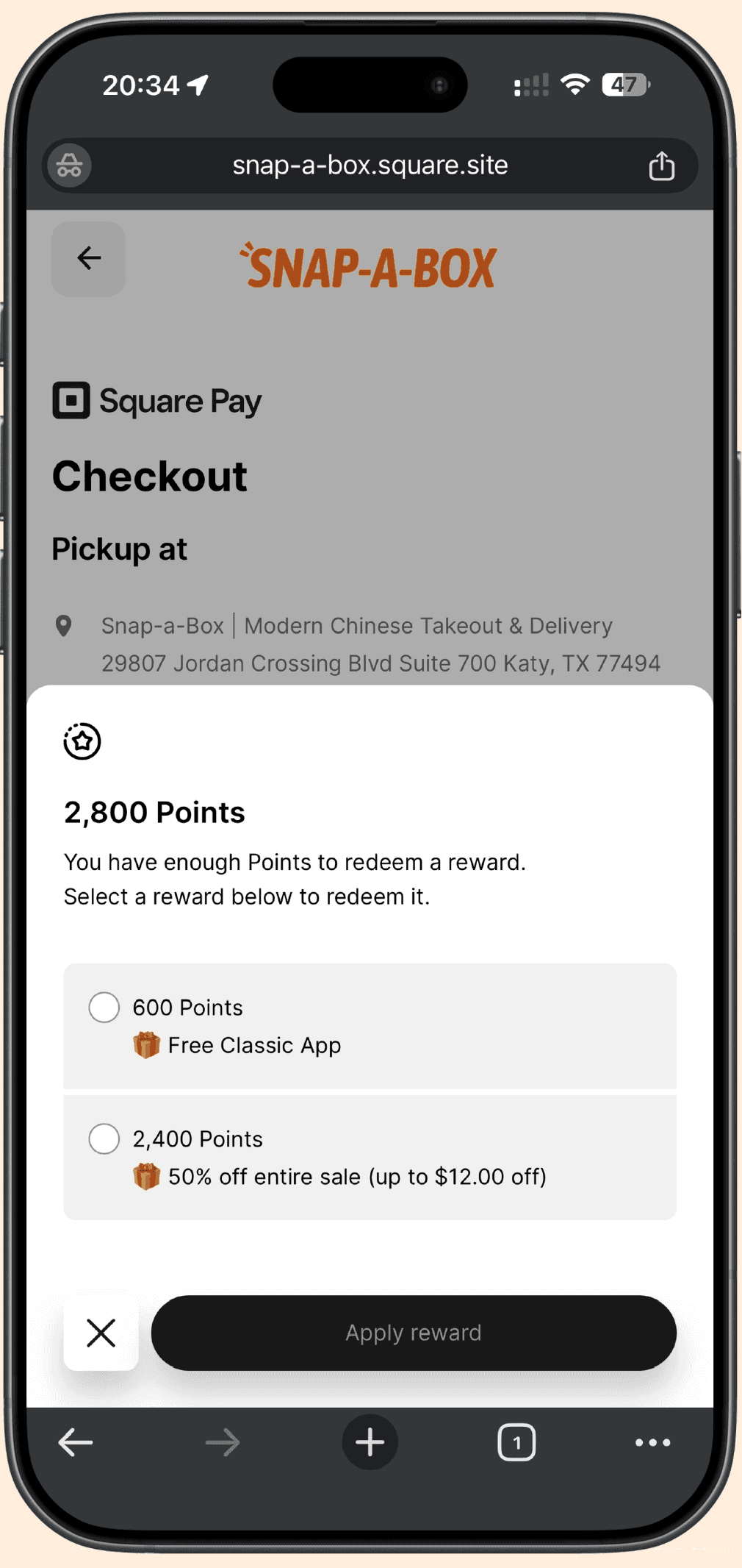 The rewards chooser listing rewards with an Apply reward button.