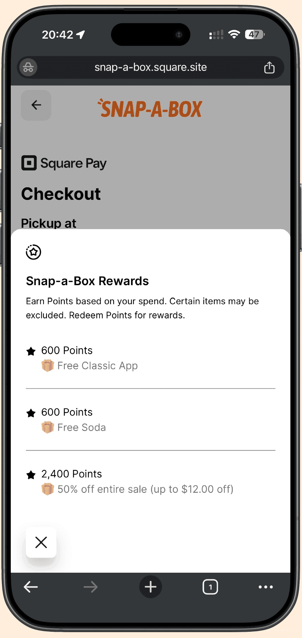 The Snap-a-Box Rewards list showing each reward and the points it costs.
